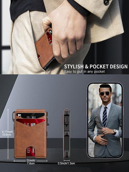 💼🔒Premium Aluminum RFID Blocking Minimalist Wallet for Men — Pop-Up Card Access, Money Clip & ID Window
