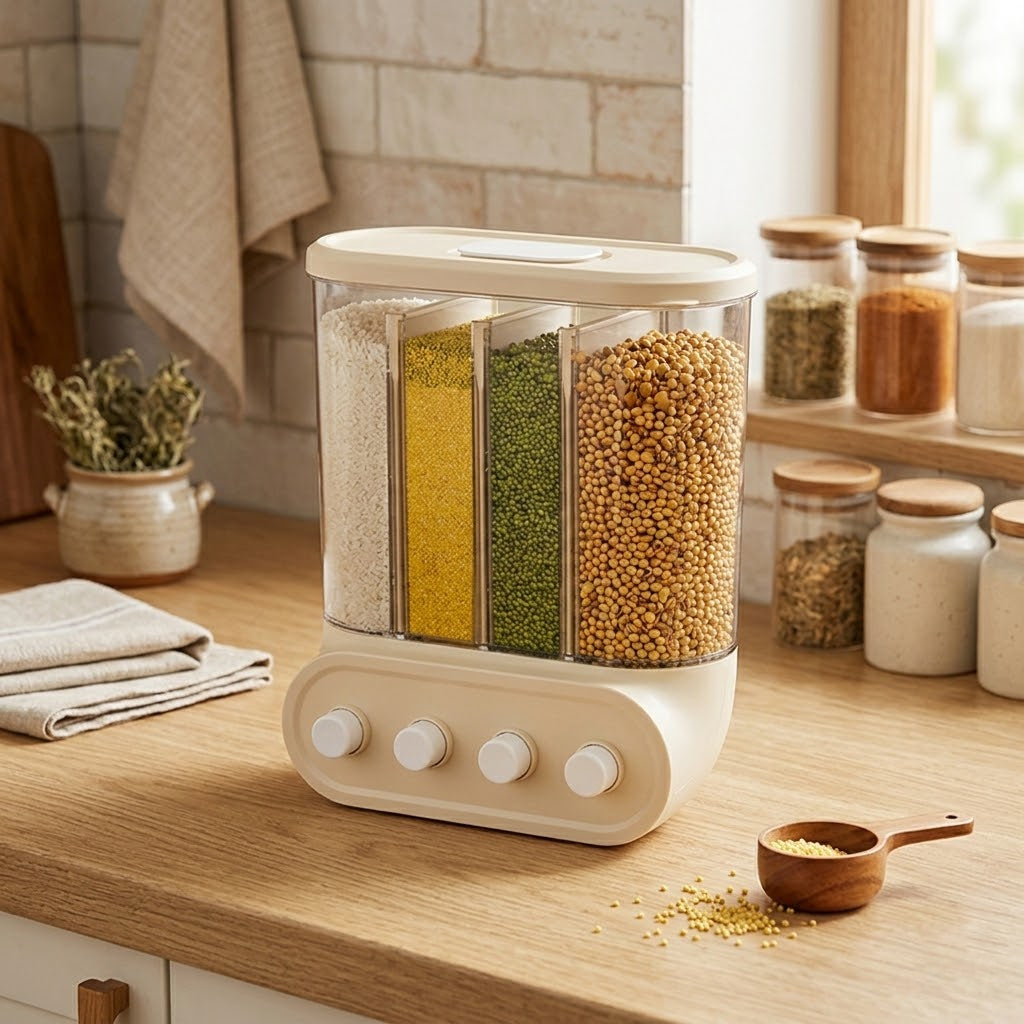 Wall-Mounted 4-Compartment Grain Dispenser