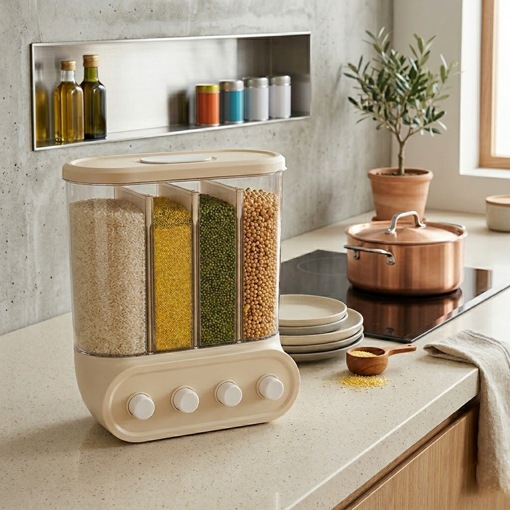 Wall-Mounted 4-Compartment Grain Dispenser